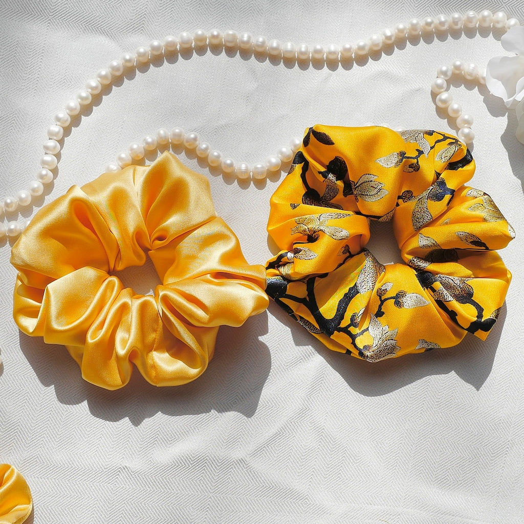 Floral Yellow Silk Scrunchie