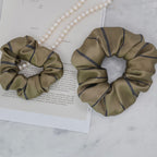 Olive Green Striped Silk Scrunchie on hair