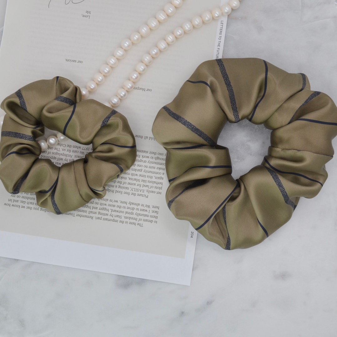 Olive Green Striped Silk Scrunchie on hair
