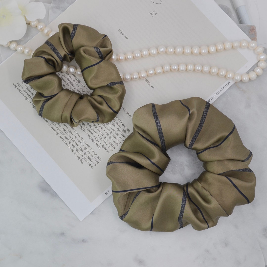Olive Green Striped Silk Scrunchie