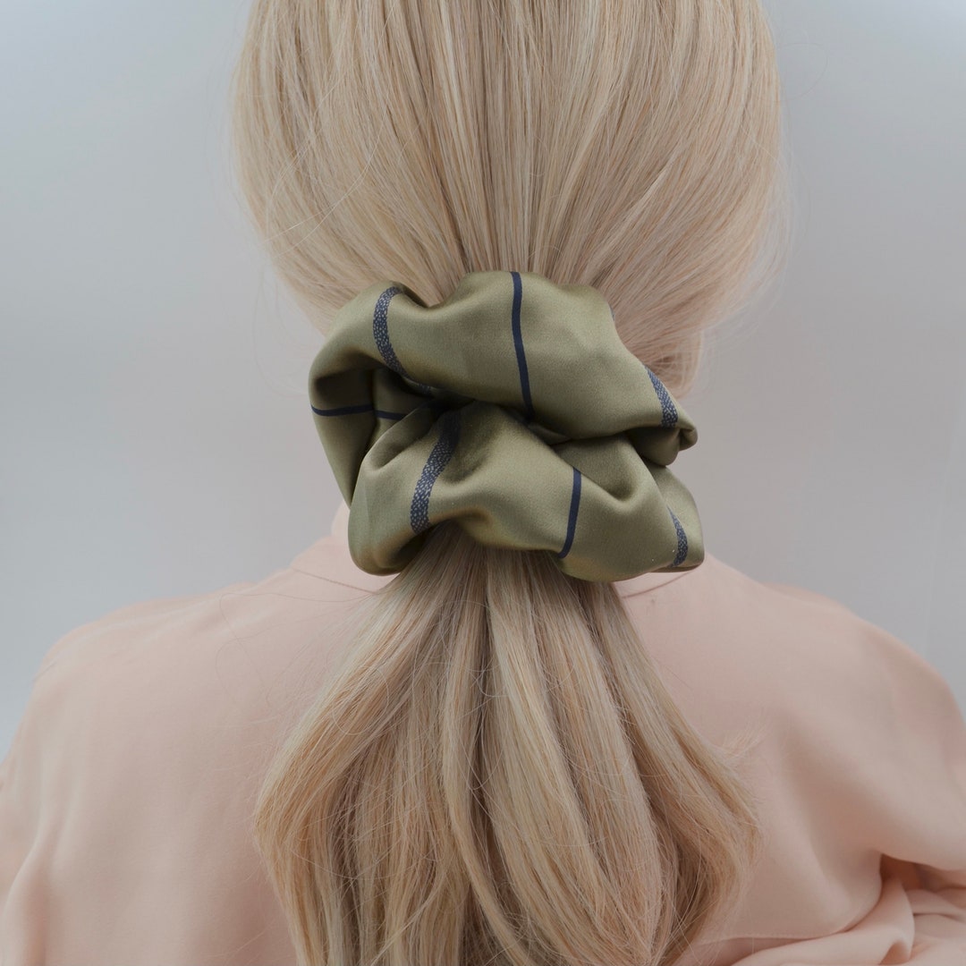 Olive Green Striped Silk Scrunchie detail