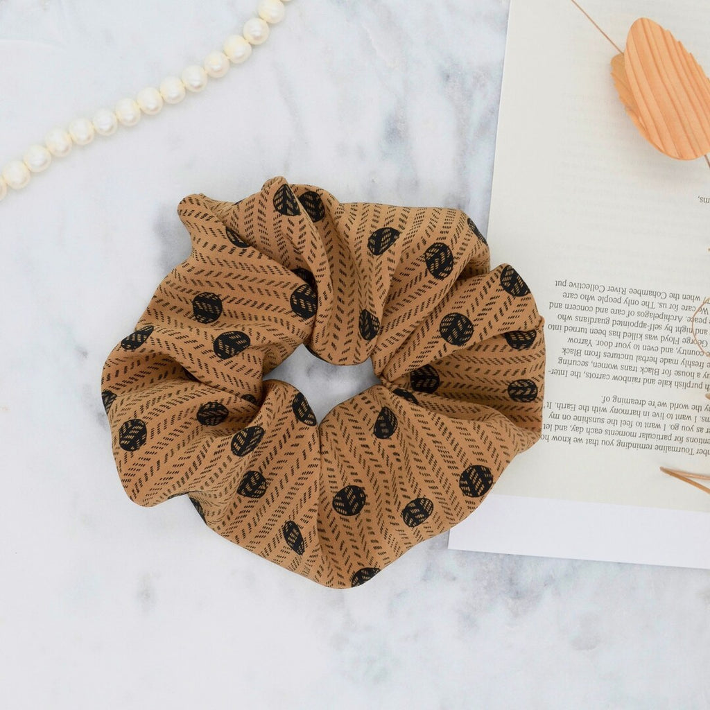 Caramel Brown Polka Dot Silk Scrunchie
