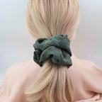 Sage Green Geometric Silk Scrunchie on hair