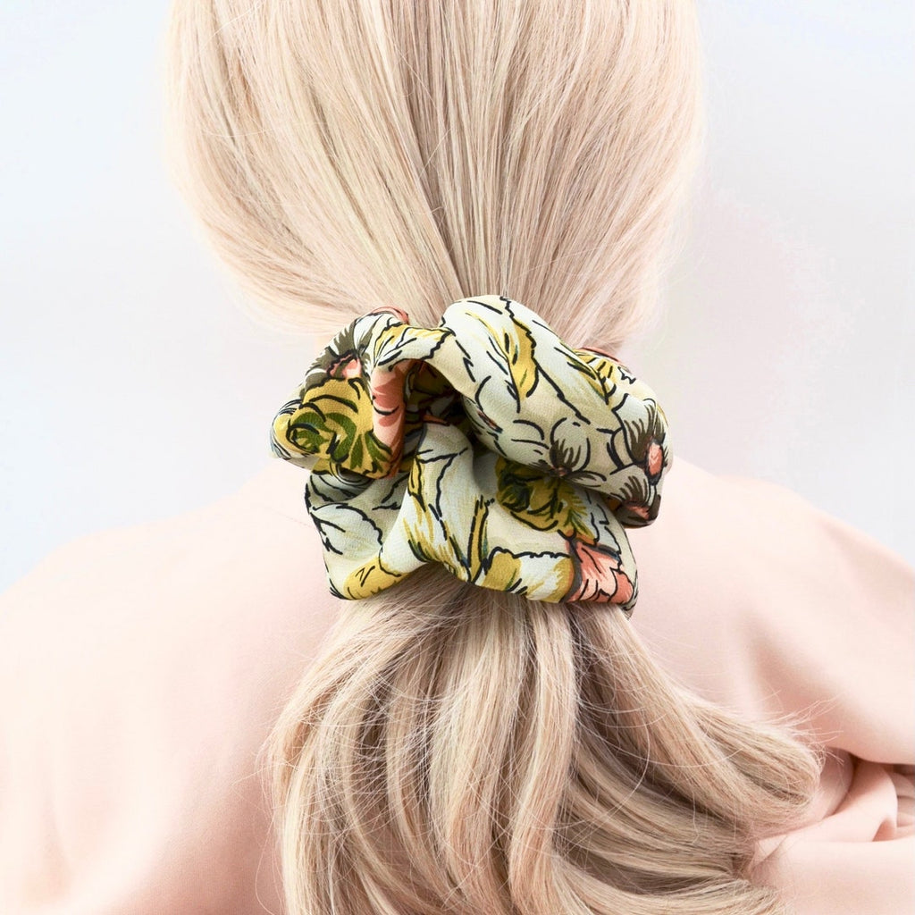 Yellow Floral silk scrunchie detail