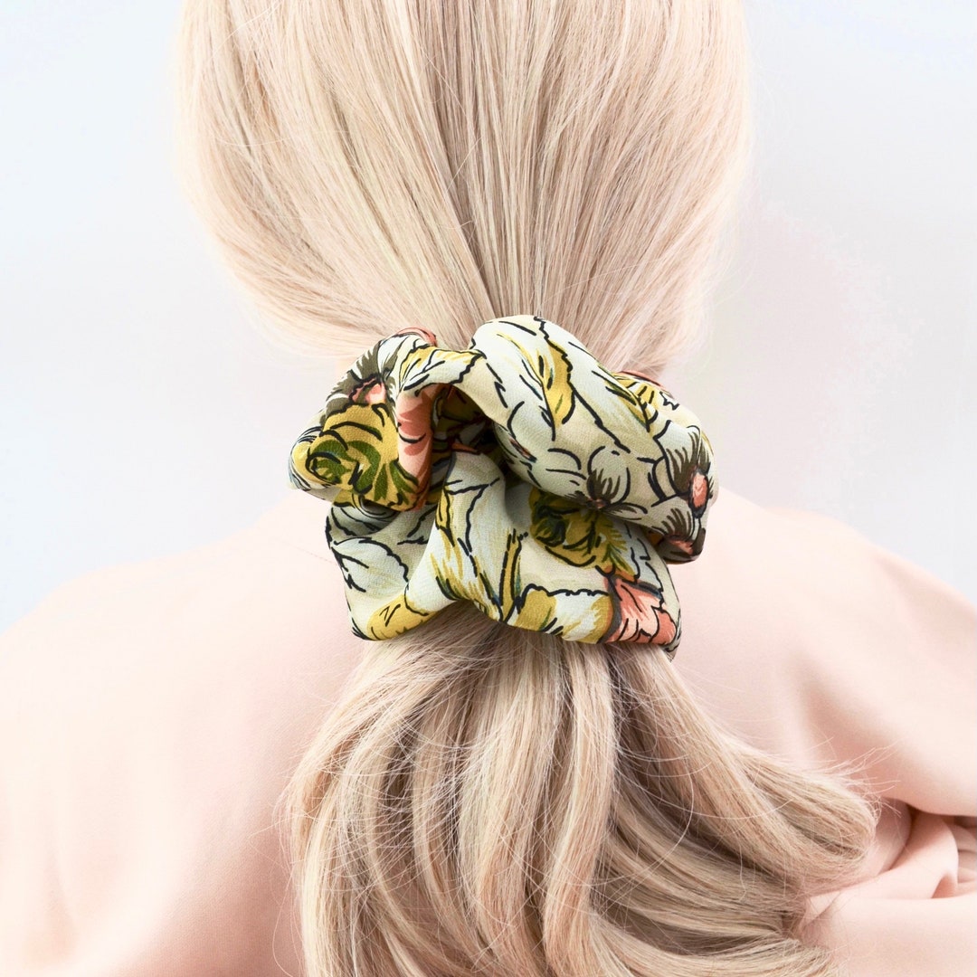 Yellow Floral silk scrunchie detail