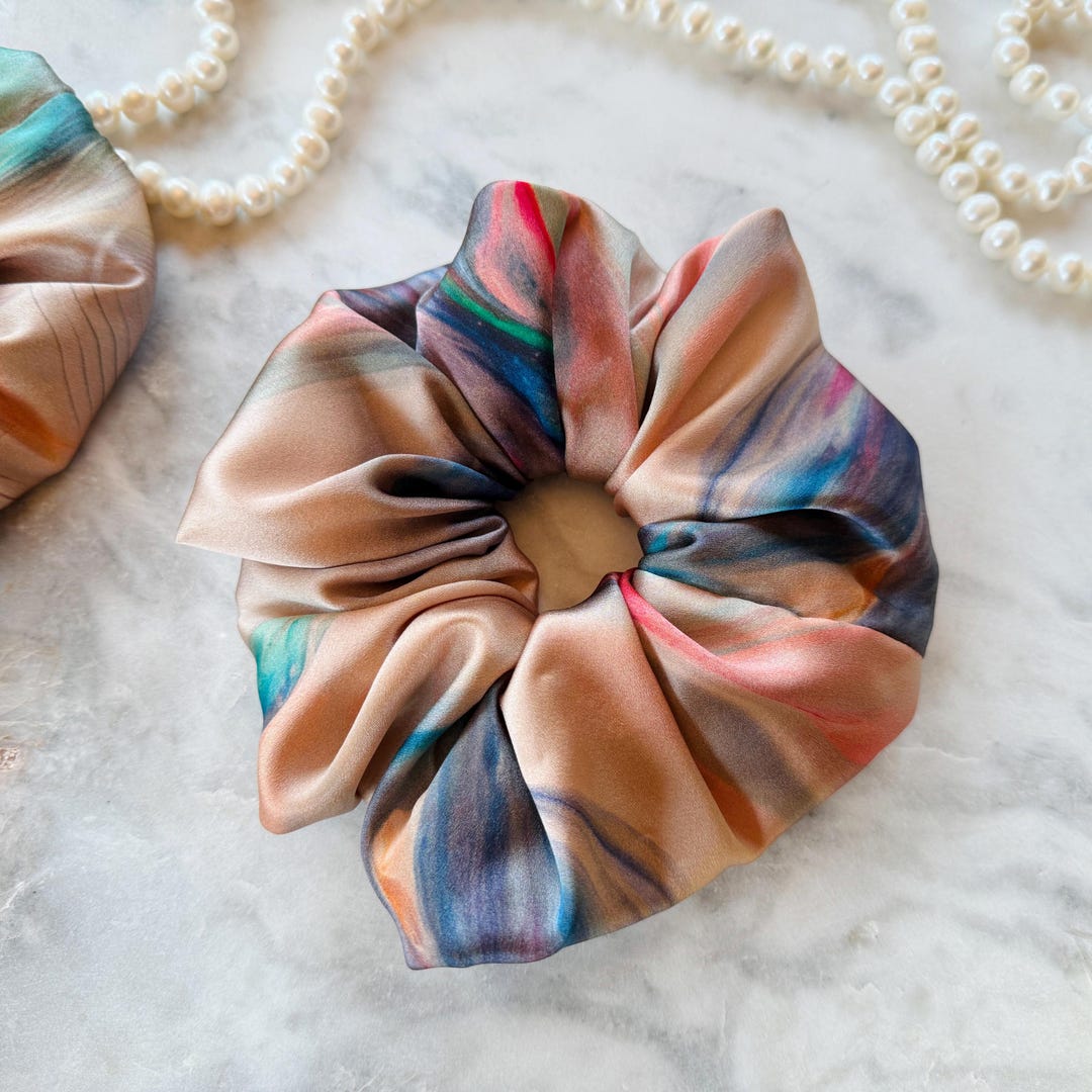 Rainbow Marble Silk Scrunchie on hair