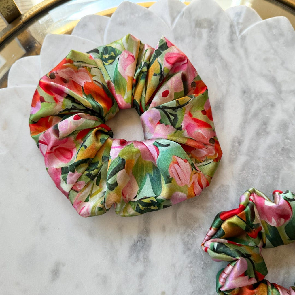 Pink Tulip Floral Silk Scrunchie