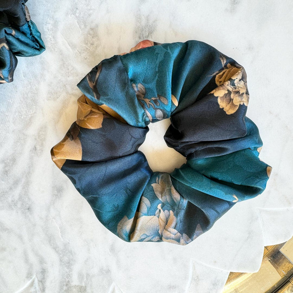 Teal Botanical Mulberry Silk Scrunchie