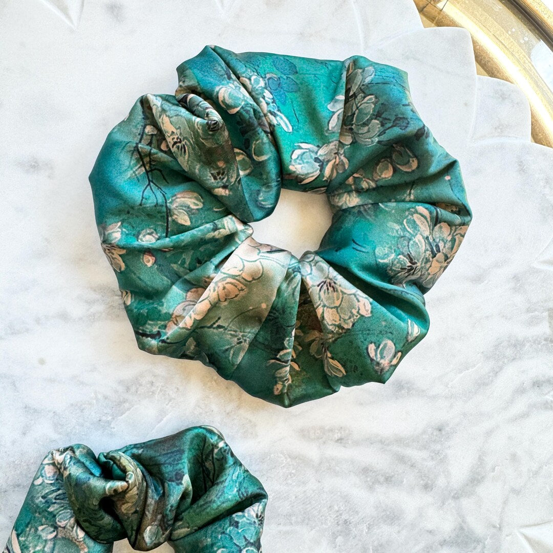 Teal Floral Silk Scrunchie detail