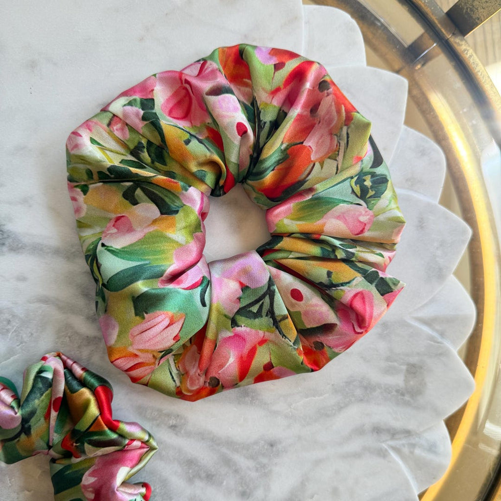 Pink Tulip Floral Silk Scrunchie on hair