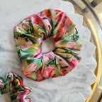 Pink Tulip Floral Silk Scrunchie on hair