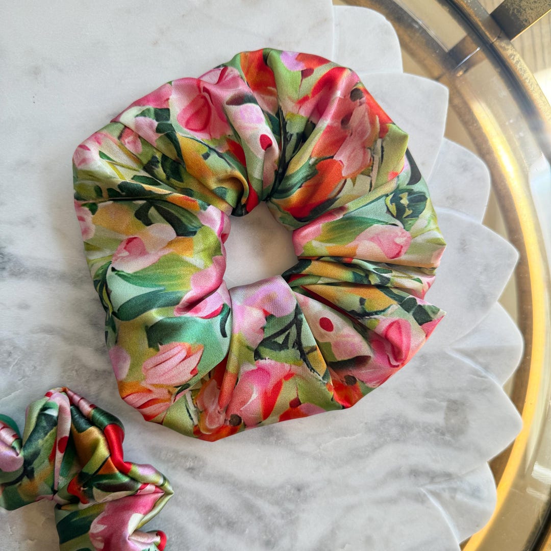 Pink Tulip Floral Silk Scrunchie on hair