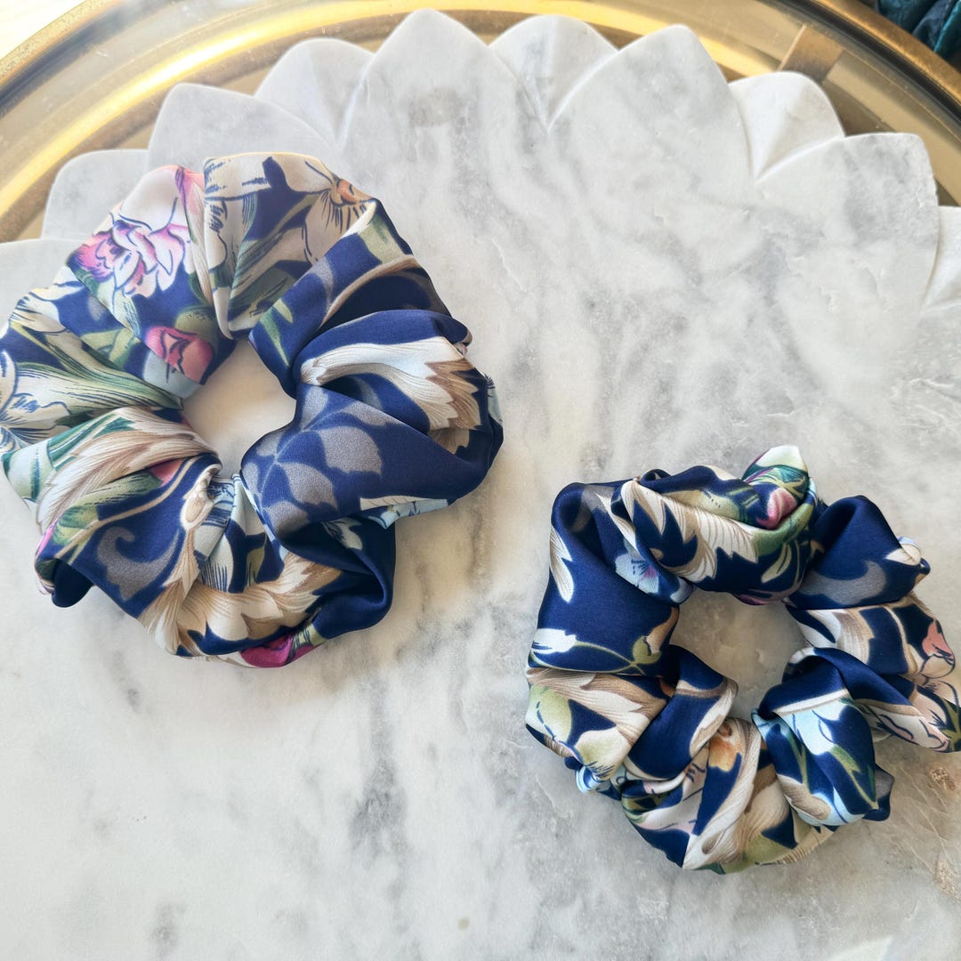 Navy Floral Silk Scrunchie detail