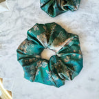 Teal Floral Mulberry Silk Scrunchie