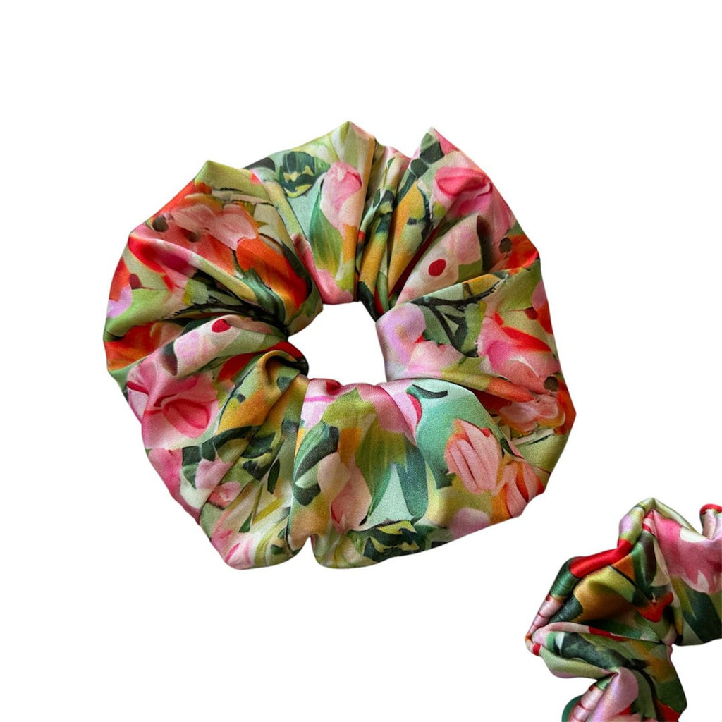 Pink Tulip Floral Silk Scrunchie detail