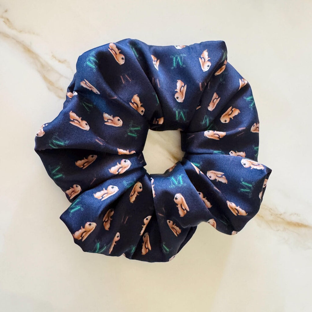 Navy Bunny Floral Silk Scrunchie detail