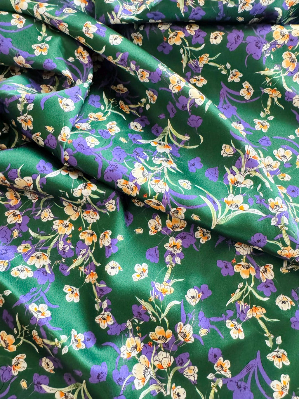 Green Floral Silk Scrunchie detail