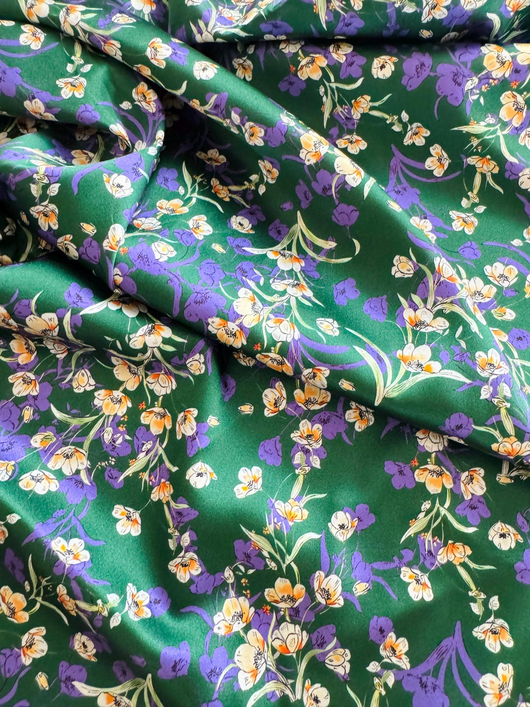 Green Floral Silk Scrunchie detail
