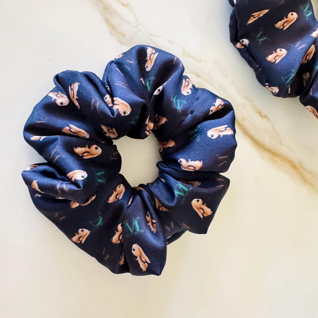 Navy Bunny Floral Silk Scrunchie