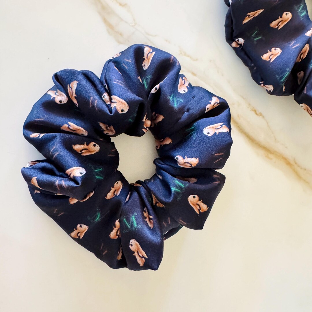 Navy Bunny Floral Silk Scrunchie