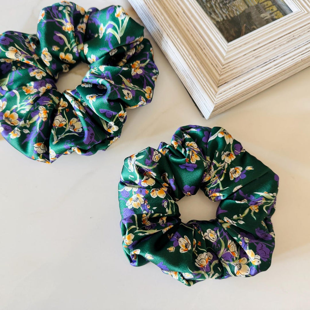 Green Floral Silk Scrunchie