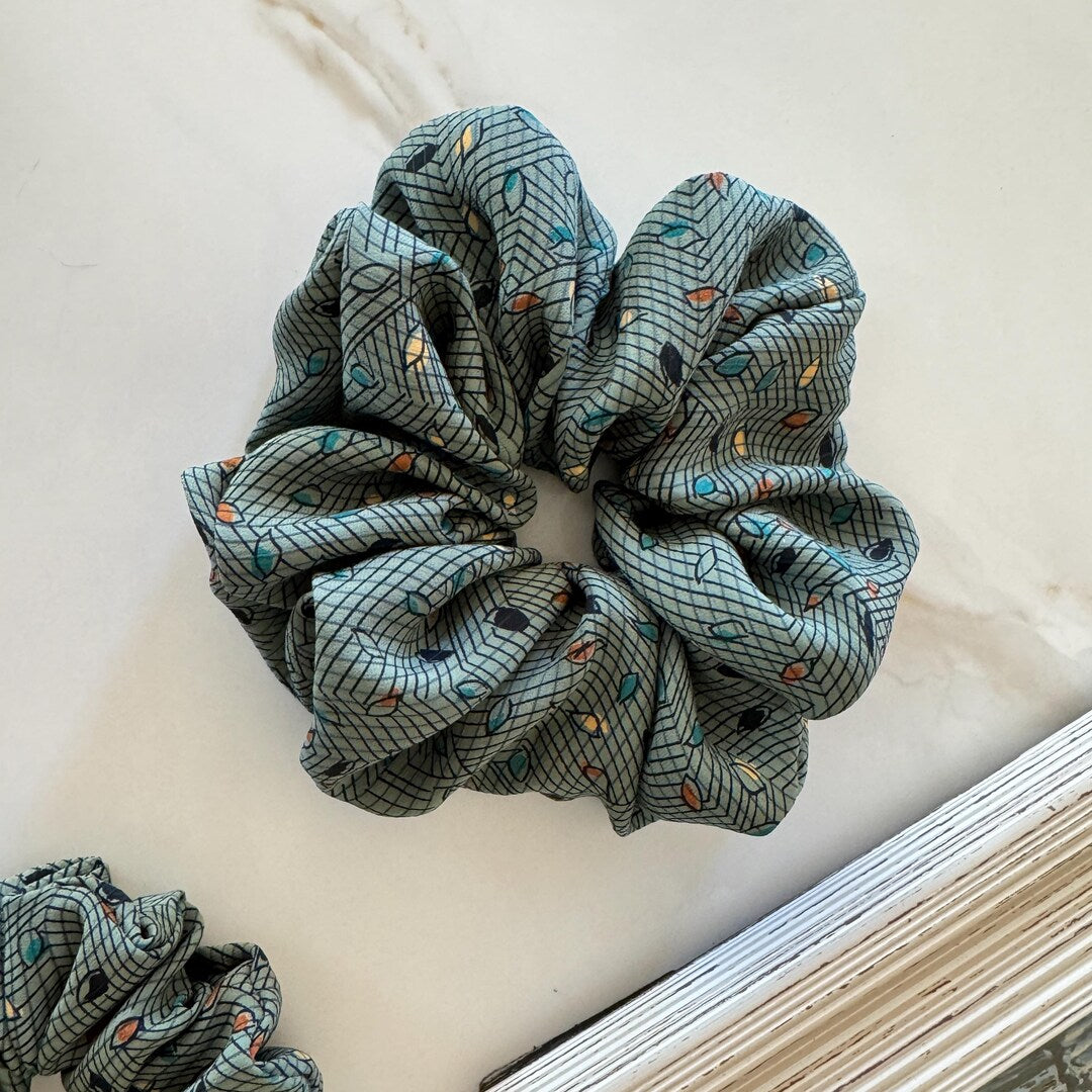Sage Green Geometric Leaf Silk Scrunchie