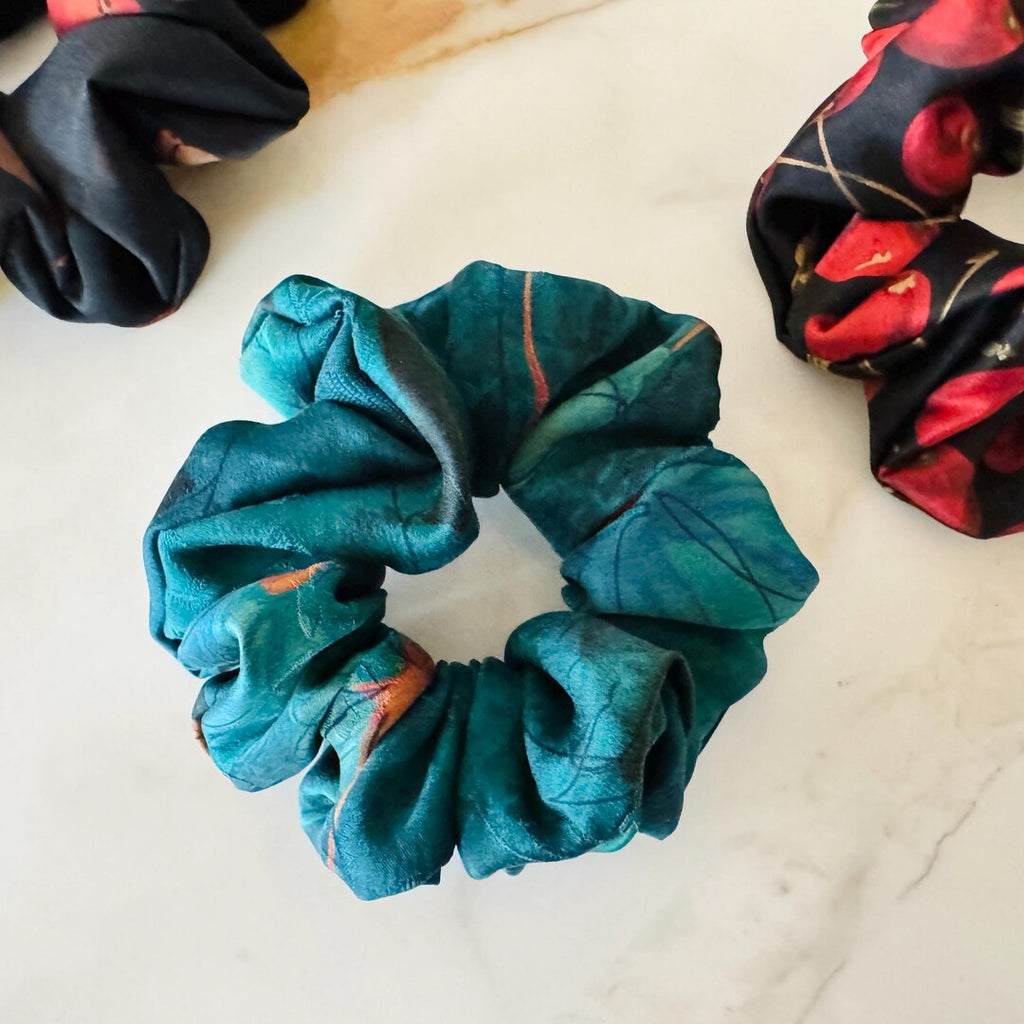 Teal Botanical Xiangyunsha Silk Scrunchie