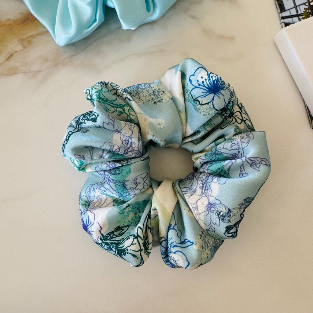 Blue Floral Silk Scrunchie