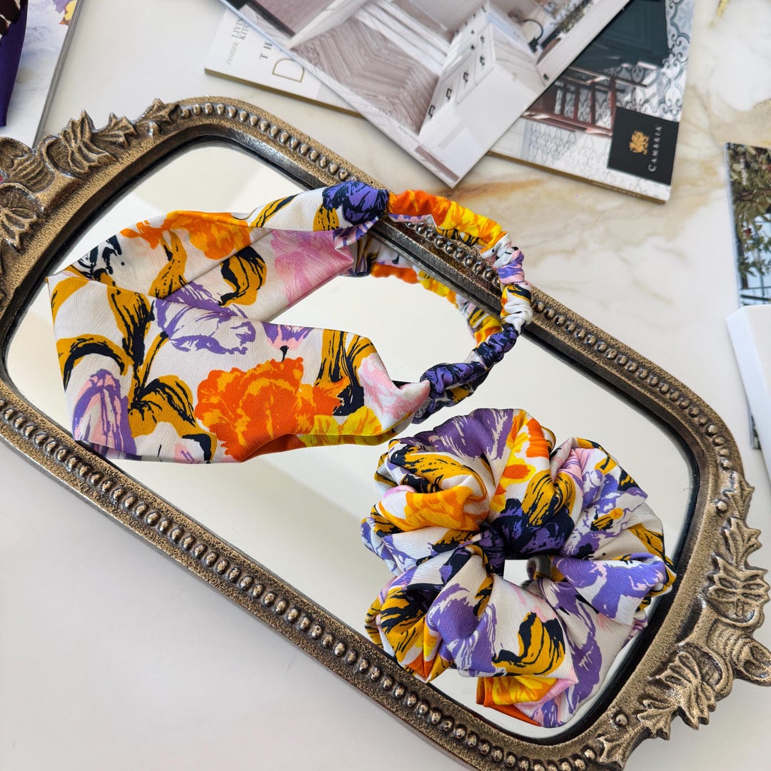 Colorful Floral Silk Scrunchie or Headband