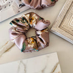 Dusty Rose Botanical Silk Scrunchie on hair