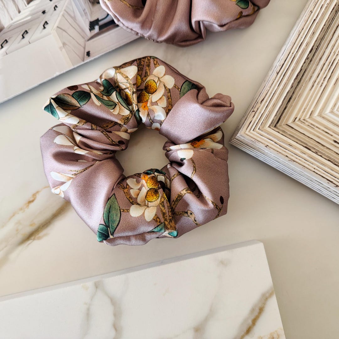 Dusty Rose Botanical Silk Scrunchie on hair
