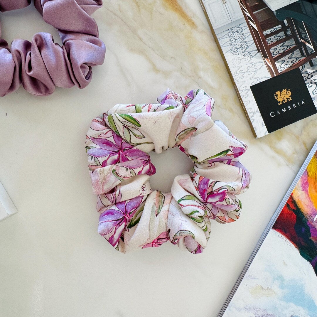 Pastel Watercolor Floral Silk Scrunchie on hair
