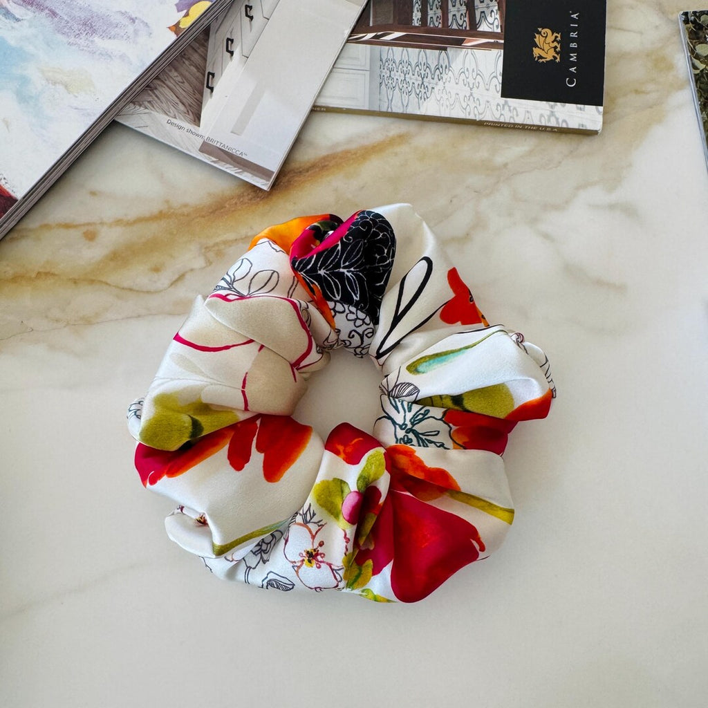 Cream Floral Mulberry Silk Scrunchie