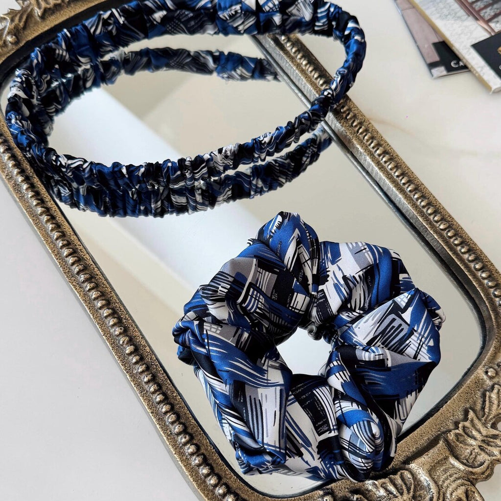 Navy Geometric Silk Scrunchie