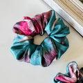 Teal Burgundy Watercolor Floral Silk Scrunchie