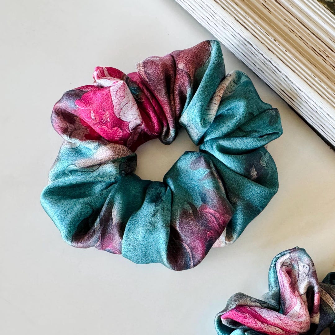 Teal Burgundy Watercolor Floral Silk Scrunchie
