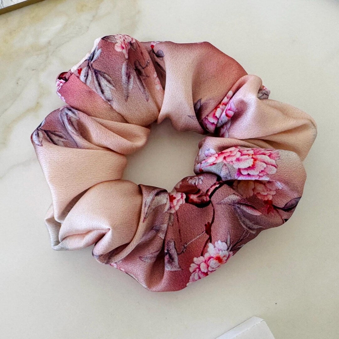Blush Pink Floral Silk Scrunchie
