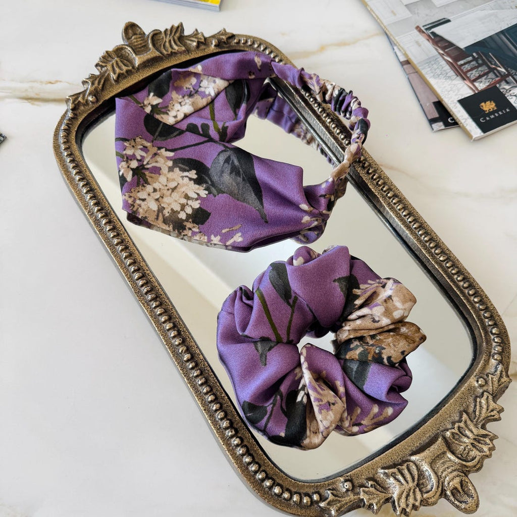 Vintage Botanical Purple Floral Silk Scrunchie