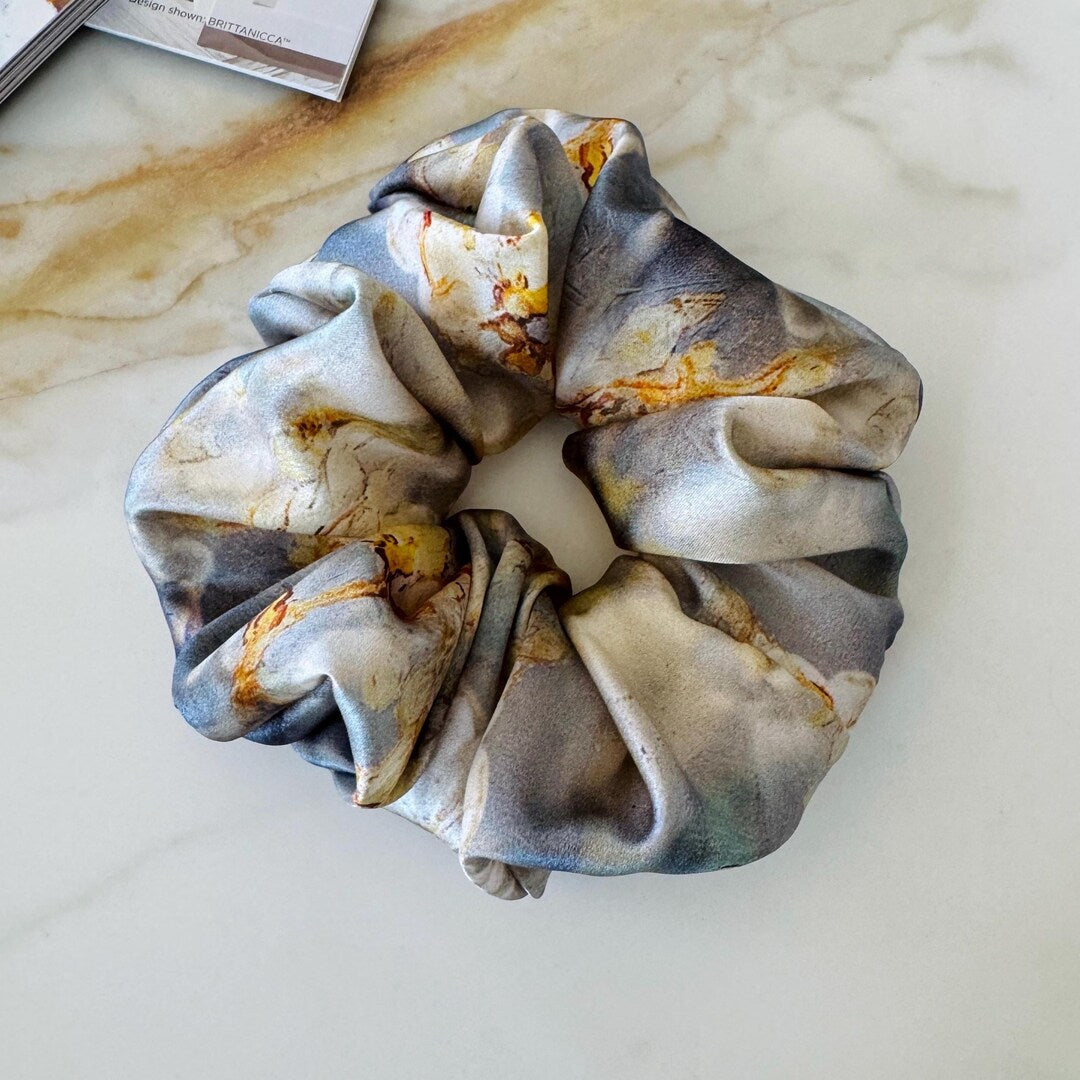 Marble Print Floral Silk Scrunchie