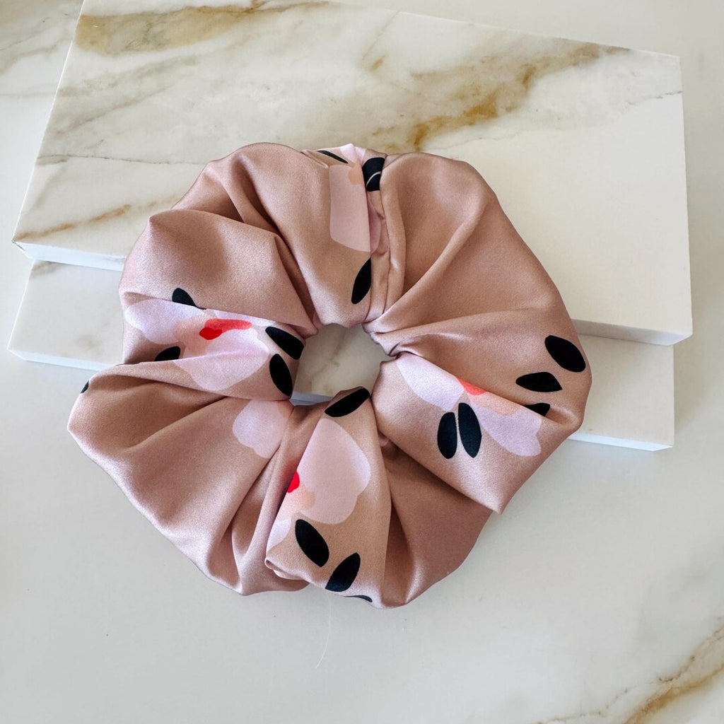 Beige Blush Floral Silk Scrunchie