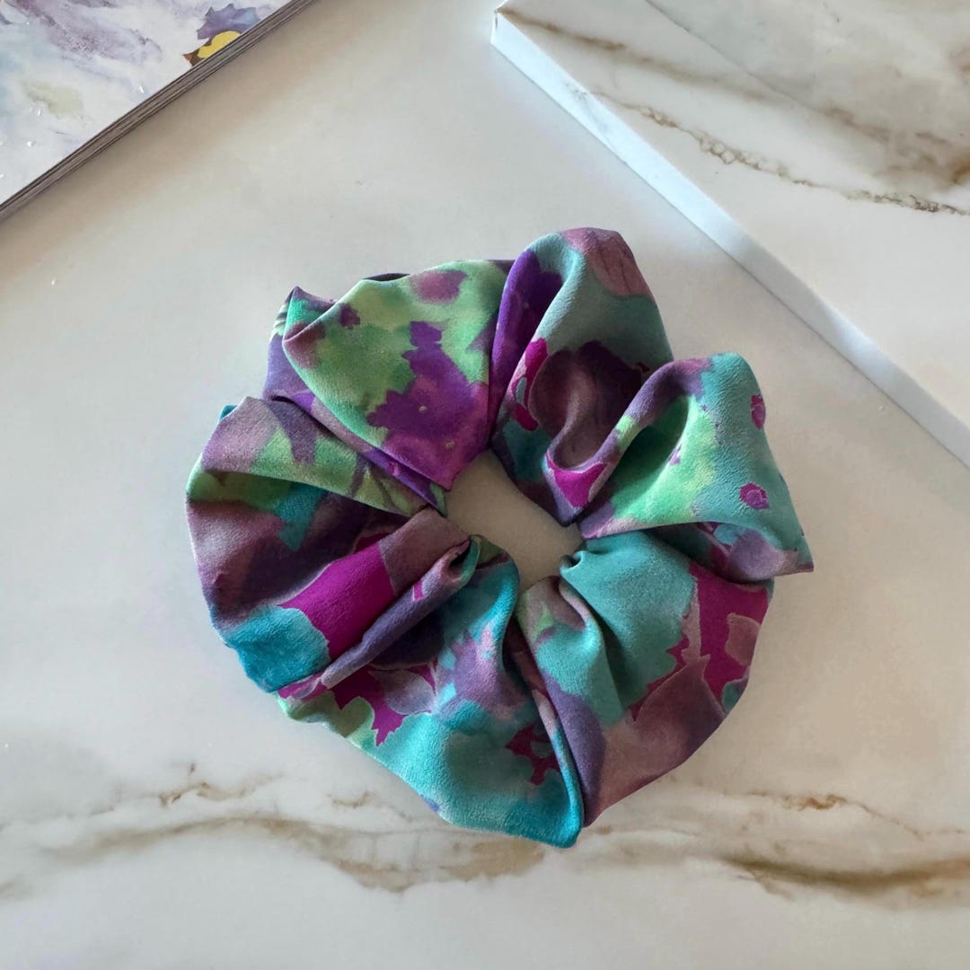 Oversized Purple Green Abstract Silk Scrunchie