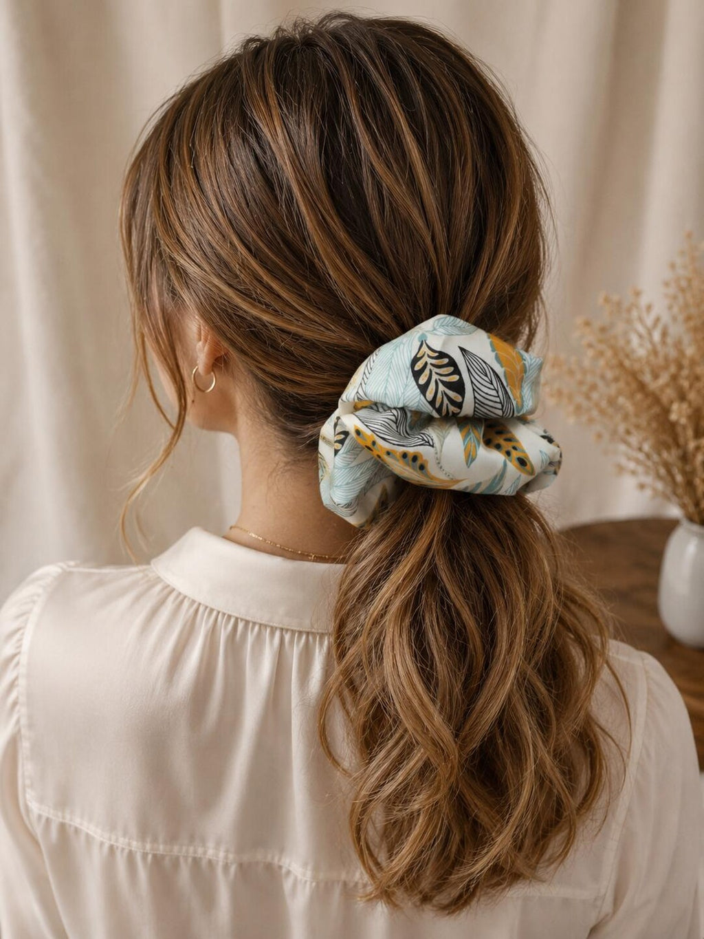 Botanical Leaf Silk Scrunchie on hair