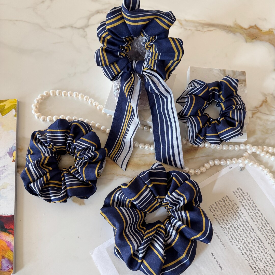 Navy Gold Stripe Silk Scrunchie