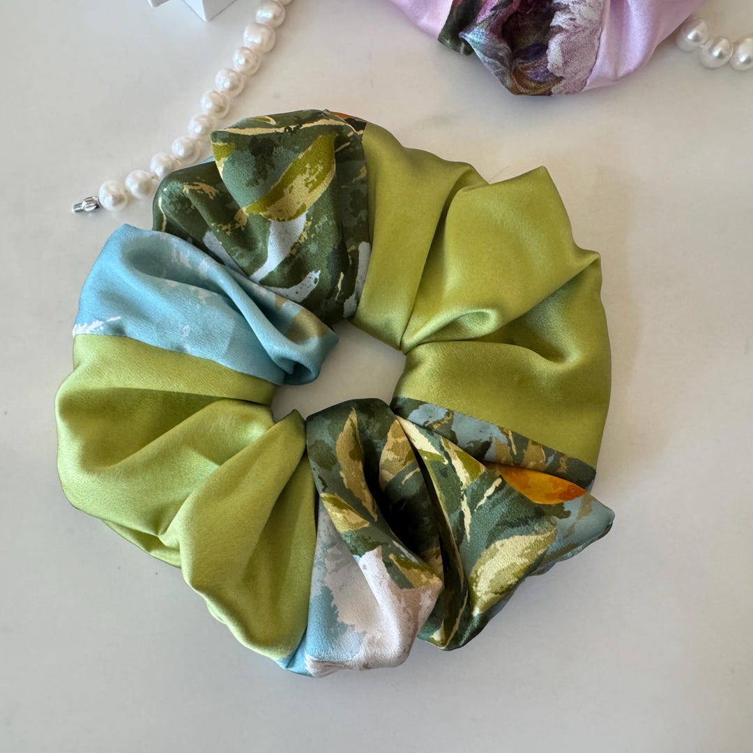 Green Floral Colorblock Patchwork Silk Scrunchie