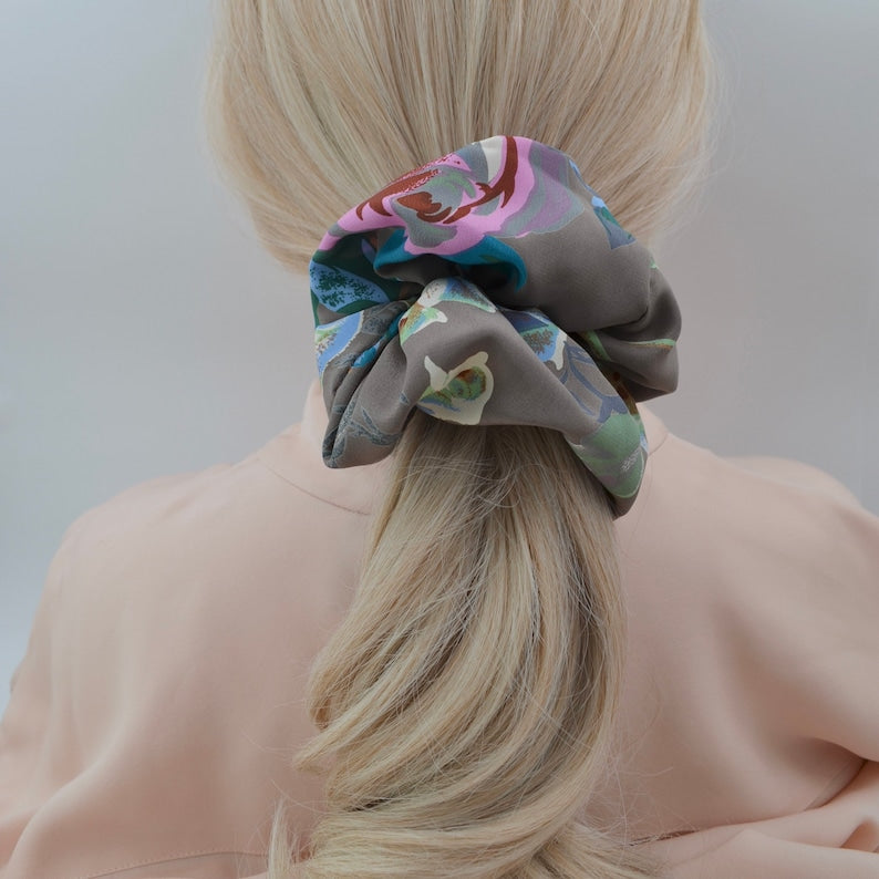 Taupe Botanical Silk Scrunchie detail