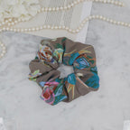 Taupe Botanical Silk Scrunchie on hair