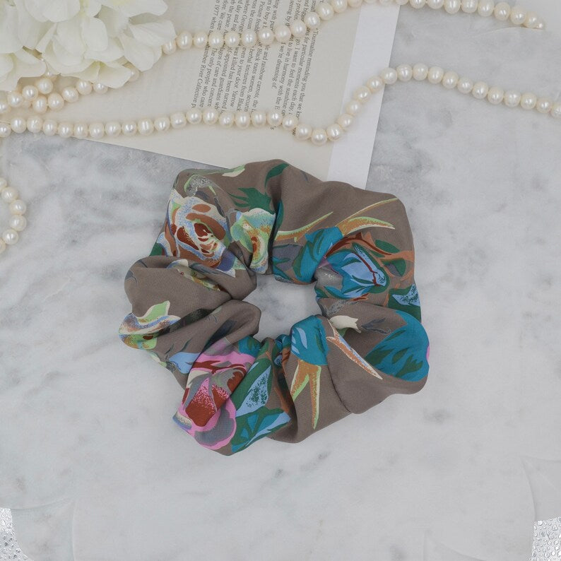 Taupe Botanical Silk Scrunchie on hair