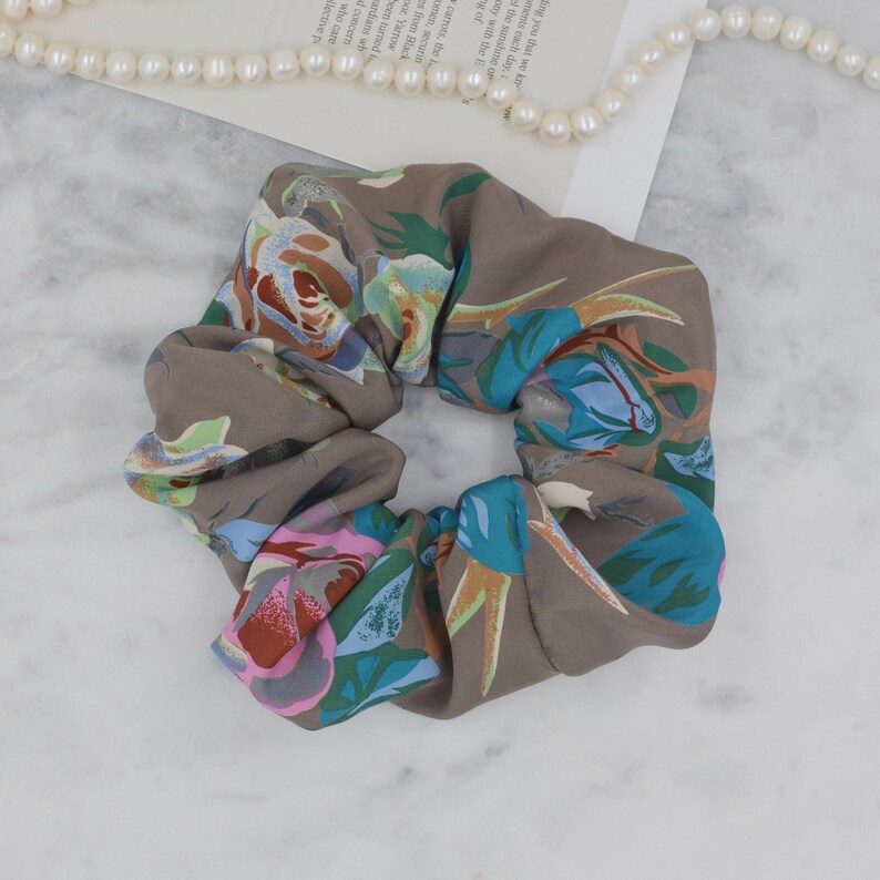 Taupe Botanical Floral Silk Scrunchie