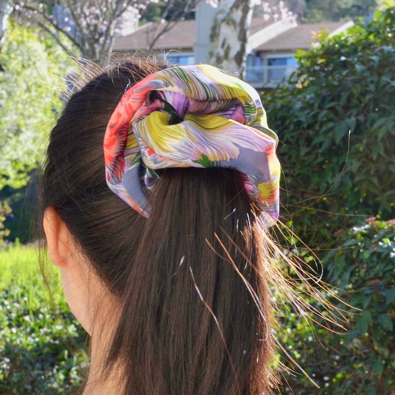 Tropical Floral Silk Scrunchie on hair