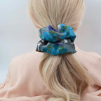 Blue Green Floral silk scrunchie detail